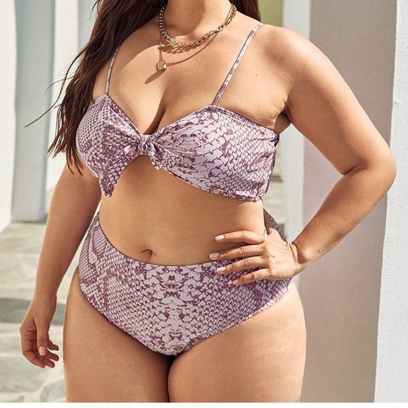 Pink snakeskin print bikini with beach skirt. - Picture 3 of 4